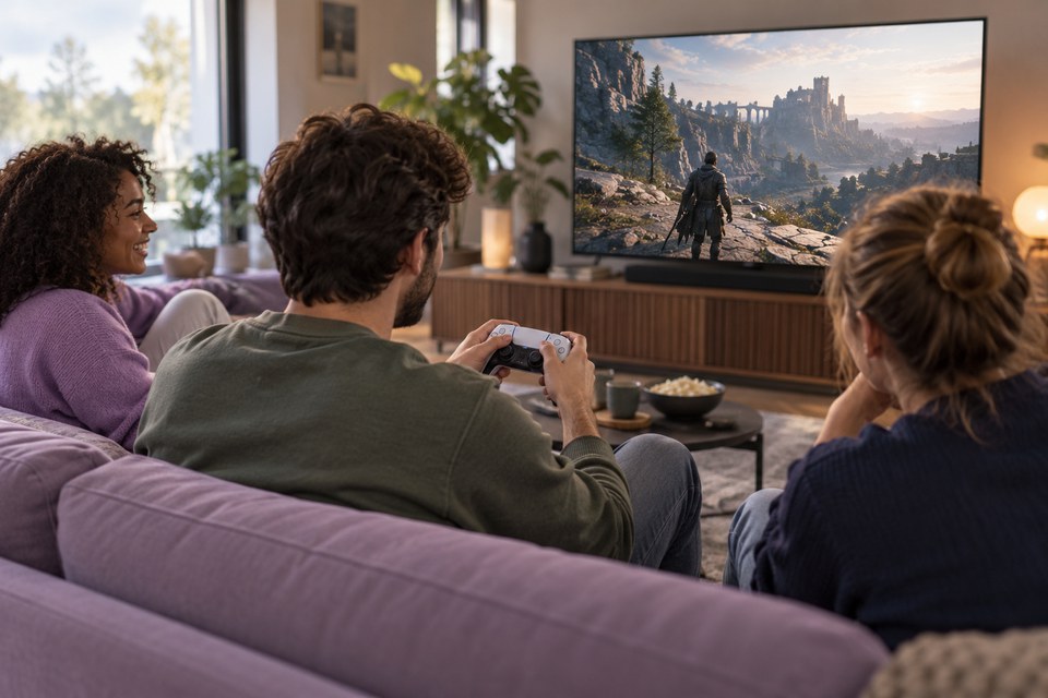 Amigos em uma área de jogos de console Amigos em uma área de jogos de console