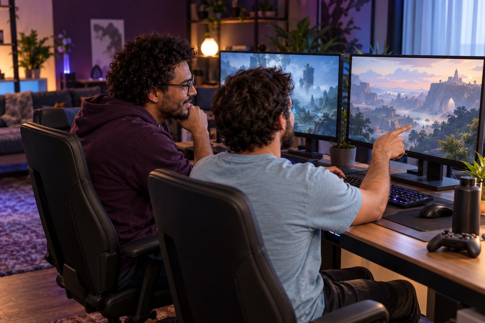 Cena de duas pessoas em estações de PC Cena de duas pessoas em estações de PC